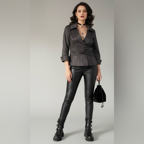 Tadashi Shoji Black Faux Wrap Blouse Corset Waist Size 12 - Picture 14 of 14